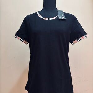 Elegant Black Tee with Striped Accents women’s